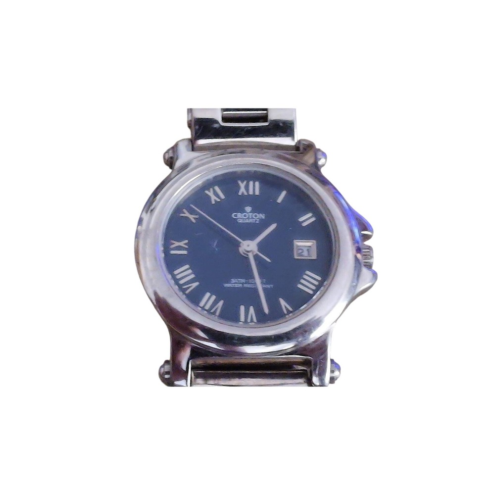 Croton Watch Women 6.25 Silver Blue Dial Date Roman Numeral Stainless Steel New